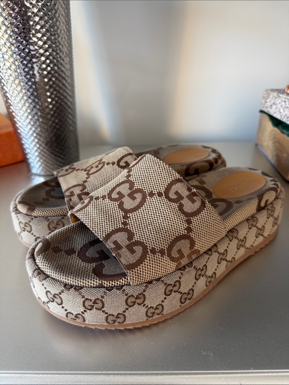 Gucci Brown and Beige GG Canvas Platform Slides